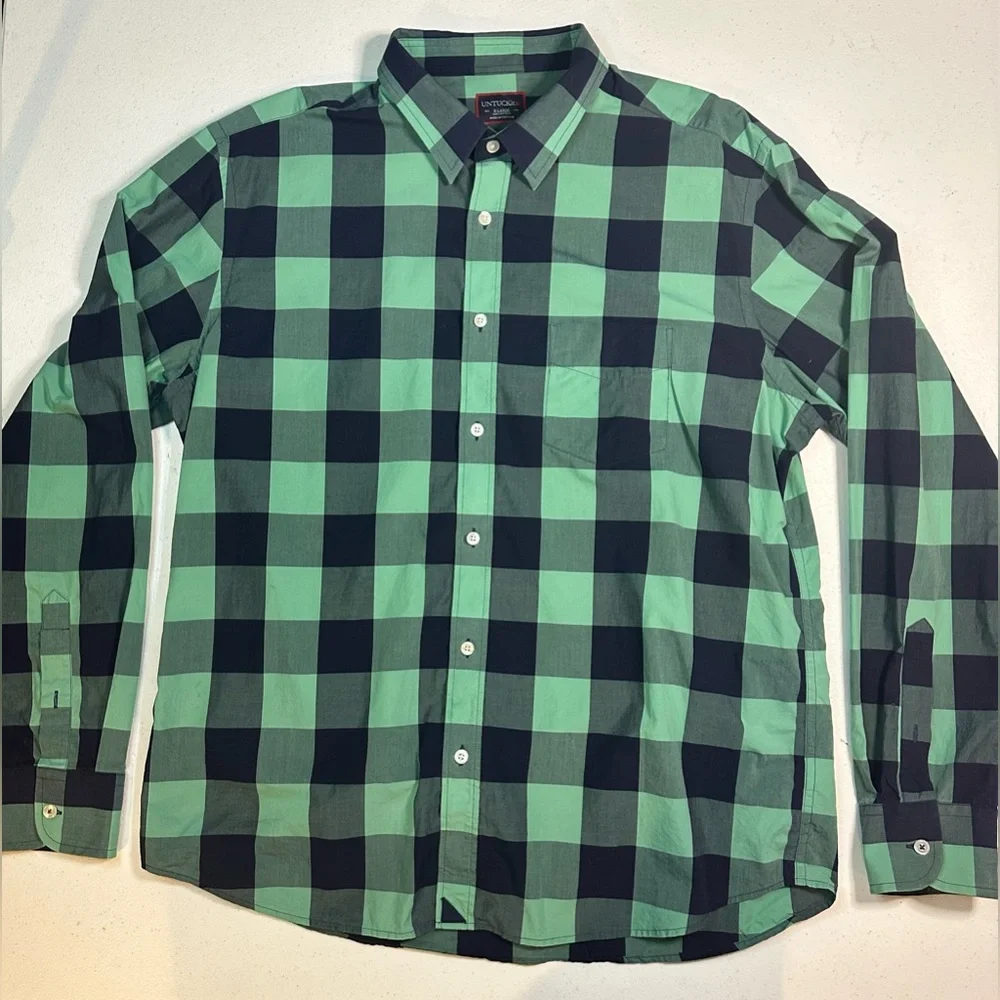 UNTUCKit Mens Long Sleeve Button Down Aqua Navy Blue Plaid Shirt Size XL